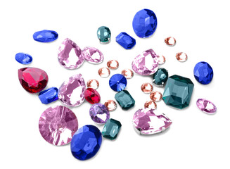 Different precious stones for jewellery on white background