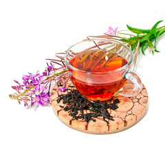 Cup of herbal tea with blooming Chamerion angustifolium (common names: fireweed, great willowherb, rosebay willowherb) isolated on white background