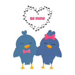 Vector Flat Illustration of Doves Singing Together. Musical Notes Form Heart Shape isolated on White Background. Concept Design of Blue Lovebirds for Saint Valentine's Day. Drawing of Animals in Love 