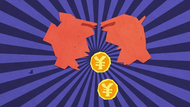 Money Savings Concept.  Chinese Renminbi / Japanese Yen Coins Falling From Broken Piggy Bank. High Quality Stop Motion Animation