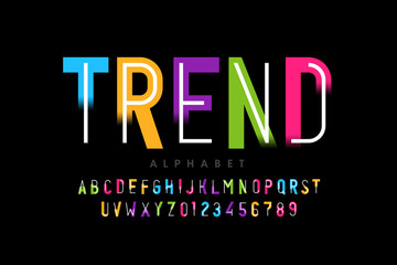 Bright colorful modern style font design, vivid alphabet, letters and numbers