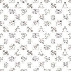 Vector hand draw coffee cup and coffee beans with leaves pattern. Coffe take away simple seamless pattern, paper coffee cups on white background, sketch textured background, coffee seamless pattern