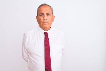 Senior grey-haired businessman wearing elegant tie over isolated white background Relaxed with serious expression on face. Simple and natural looking at the camera.