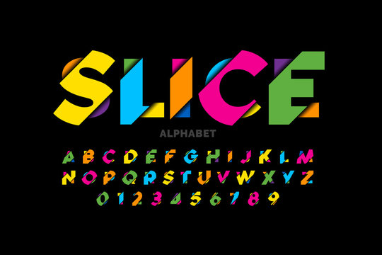 Modern vivid color sliced style font, colorful alphabet letters and numbers
