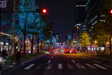 Fototapeta premium Nocny widok na Midosuji, Chuo-ku, Osaka