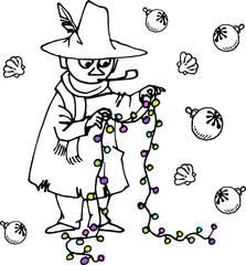 Fun troll Character of popular Fairy Tale written by Touve Jansson. Troll in big hat holding a Christmas garland. Vector illustration isolated on white background