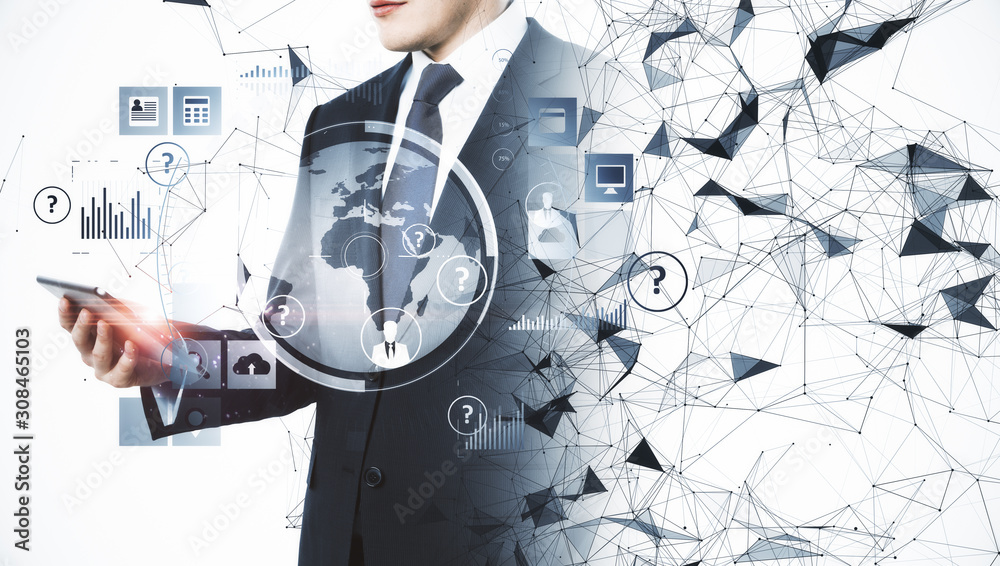 Poster man using tablet