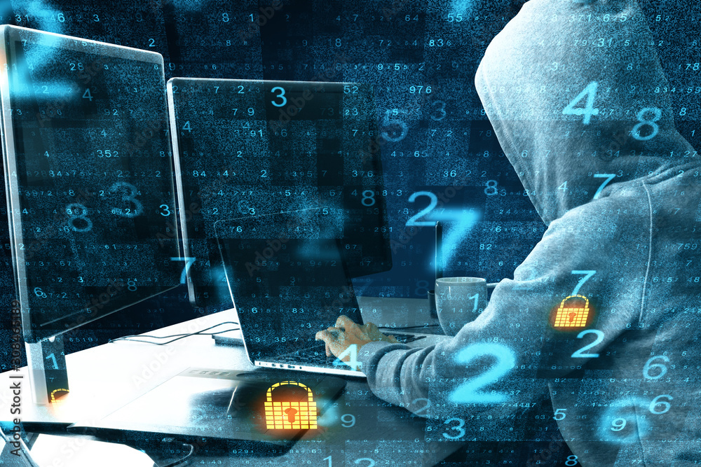Poster hacker using laptop