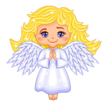 Angel with gold hair and blue wings. Vector Illustration.