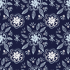A seamless vector pattern with simple folk floral ornament on a dark indigo blue background. Decorative surface print design with hand drawn feel. Great for cards, fabrics and packaging.