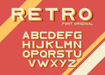 Original retro font. Vector vintage alphabet with colored offset layers. Old style typographic design poster in red and orange colors