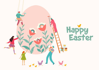 Happy Easter. Creative idea template with happy people decorating easter egg. Vector illustration. Can be used for banner, poster, greeting card, postcard and print.