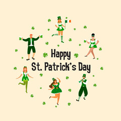 Saint Patrick 's Day. Template with funny dancing people in festive costumes. Vector illustration. Idea for banner, poster, card, postcard and printable.