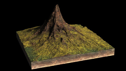 model of a cross section of ground with high mountain (3d rendering, isolated with shadow on black background)