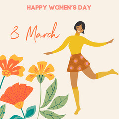 International Women's Day. Vector vintage template with cute dancing girl and flowers in retro style. Can be used for banner, poster, card, postcard and printable.