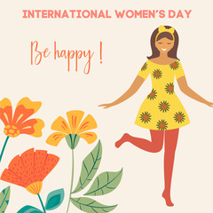 International Women's Day. Vector vintage template with cute dancing girl and flowers in retro style. Can be used for banner, poster, card, postcard and printable.