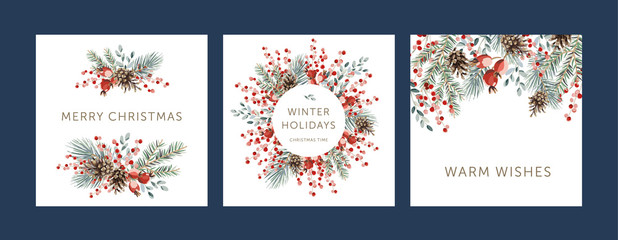 Nature design square greeting cards template, circle frame, text Winter Holidays, Warm Wishes, Merry Christmas, white background. Green pine, fir twigs, cones, red berries. Vector xmas illustration