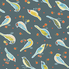 Cute vintage seamless floral vector bird pattern. All over print with sitting bird, appel, retro hipster vintage fans, dot on blue background. Perfect for print, fabric and wallpaper.