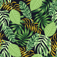 Seamless pattern with colorful tropical plants and leaves on dark background. Exotic wallpaper, Hawaiian style. Jungle leaves. Botanical pattern. Vector background for various surface. 