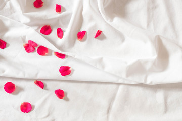 Top view of pink rose petals on white bed sheets on honeymoon