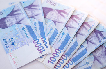 Korean won notes for money concept background