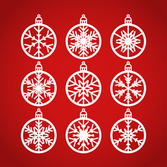 Christmas balls set with a snowflake cut out of paper. Templates for laser or plotter cutting or printing. Laser cutting template. Vector illustration for wood carving, paper cut or printing.