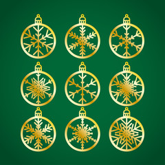 Christmas balls set with a snowflake cut out of paper. Templates for laser or plotter cutting or printing. Laser cutting template. Vector illustration for wood carving, paper cut or printing.
