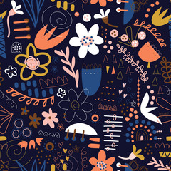 Naklejka premium Seamless pattern doodle vector background abstract shapes collage blue white pink orange yellow. Modern design with flowers, hearts, elements for fabric, textile, wallpaper, postcards, kids decor
