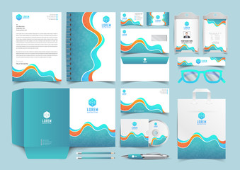 Business identity template design set with orange blue wavy shape