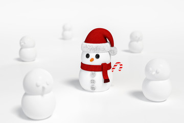 Outstanding cute snowman among many white snowman on soft focus 3d rendering. 3d illustration celebration christmas and cute new year sale concept. Winter season.