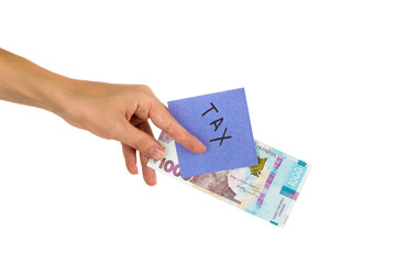 Thousand hryvnias and sticker with different financial signs and symbols in the hand, isolated