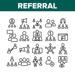 Referral Marketing Collection Icons Set Vector Thin Line. Internet And Communication Friend Recommendation, Referral Link And Dollar Coin Concept Linear Pictograms. Monochrome Contour Illustrations