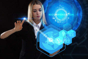 Business, Technology, Internet and network concept. Young businessman working on a virtual screen of the future and sees the inscription: Recommendation