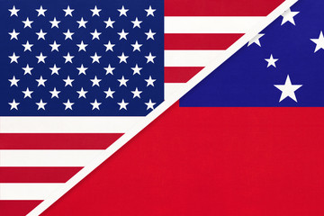 Fototapeta na wymiar USA vs Samoa national flag from textile. Relationship between american and Oceania countries.