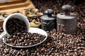 coffee cup and rustic weight