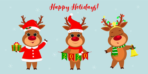 Merry Christmas and a happy new year 2020. Three cute reindeer in different New Year s costumes and with different holiday items. Cartoon, flat style, vector