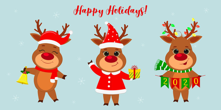 Merry Christmas and a happy new year 2020. Three cute reindeer in different New Year s costumes and with different holiday items. Cartoon, flat style, vector