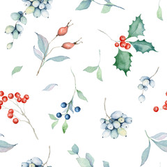 Seamless Pattern. Watercolor Branch, Berry. Bouquet. Rose Hip. Floral Arrangement. Floral illustration. Leaves and berries. Botanic composition	 - 308473341