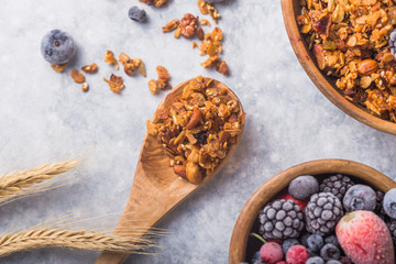 Morning  Granola, Fruits, Berries in bowl on grey concrete background. Healthy breakfast cereals. Concept of dieting, healthy  clean eating