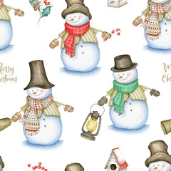 Watercolor Seamless Pattern. Snowman with hat, scarf, street oil lamp, bell and mittens on white background. Watercolor Christmas illustration. - 308473362