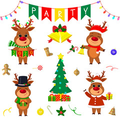 Christmas and New Year party 2020. Set of four cute reindeer in different costumes. Christmas tree, gifts, bells, sweets and other decor items. Cartoon style, Vector