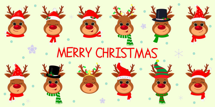 Happy New Year and Merry Christmas. Set of twelve cute deer heads with different emotions in different Santa Claus hat and scarf, snowman, elf. New Year s accessories. Cartoon, flat style, vector