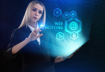 Business, Technology, Internet and network concept. Young businessman working on a virtual screen of the future and sees the inscription: Web hosting