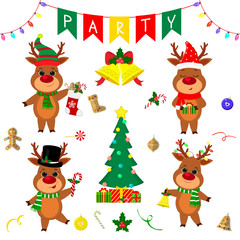 Obraz na płótnie Canvas Christmas and New Year party 2020. Set of four cute reindeer in different costumes. Christmas tree, gifts, bells, sweets and other decor items. Cartoon style, Vector