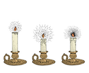 Candle sketch set. Hand drawn vector illustration of a burning candle with rays of light in vintage style
