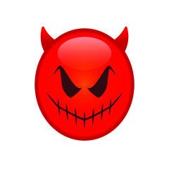 Smiling devil emoticon. grinning demon emoji. horror halloween mascot.