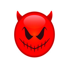 Smiling devil emoticon. grinning demon emoji. horror halloween mascot.