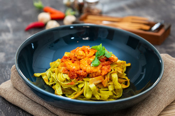 Pasta with Shrimp Dinner Dish on a the table