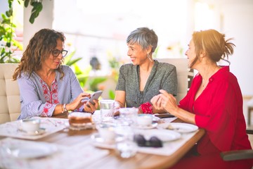 Meeting of middle age women having lunch and drinking coffee. Mature friends smiling happy using smartphone at home on a sunny day