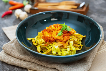 Pasta with Shrimp Dinner Dish on a the table